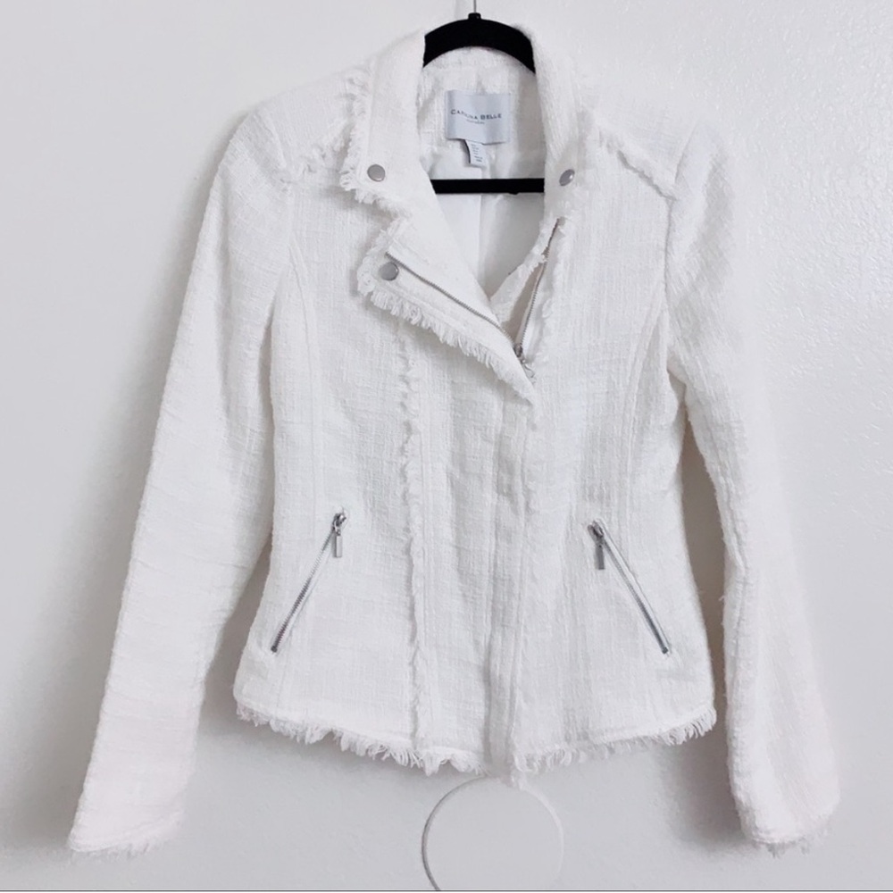 Carolina Belle Montreal White Edgy Tweed Frayed Trim Moto Jacket Blazer - Picture 2 of 13